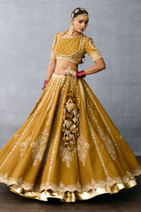 Shop_Torani_Yellow Organza, Jersey Pearls, Beads, Zari Mehre Embroidered Lehenga Set _Online_at_Aza_Fashions
