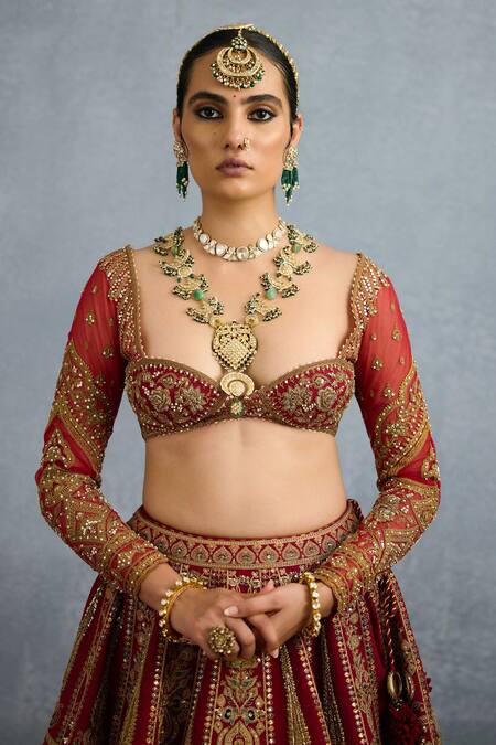 Torani Red Organza, Jersey, Silk, Net Pearls, Shamse Tania Embroidered Lehenga Set at Aza Fashions Torani_Red Organza, Jersey, Silk, Net Pearls, Shamse Tania Embroidered Lehenga Set _at_Aza_Fashions