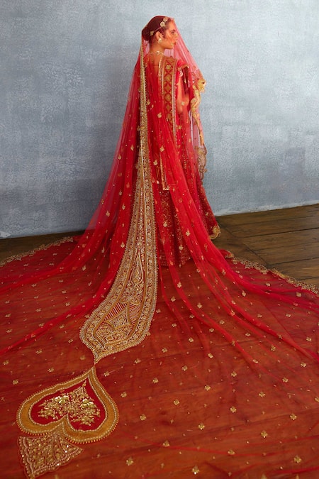 Shop Torani Red Organza, Jersey, Silk Pearls, Sequins, Shamse Raisa Embroidered Lehenga Set at Aza Fashions Shop_Torani_Red Organza, Jersey, Silk Pearls, Sequins, Shamse Raisa Embroidered Lehenga Set _at_Aza_Fashions