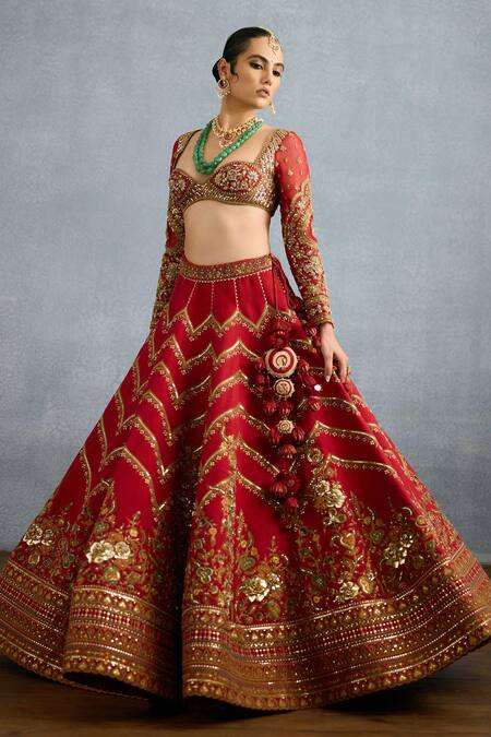 Torani_Red Organza, Jersey Pearls, Sequins, Zari Shamse Fariha Embroidered Lehenga Set _Online_at_Aza_Fashions