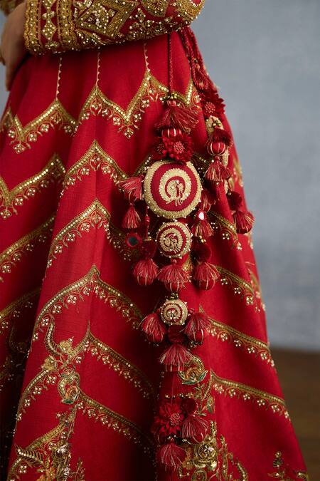 Buy_Torani_Red Organza, Jersey Pearls, Sequins, Zari Shamse Fariha Embroidered Lehenga Set _Online_at_Aza_Fashions