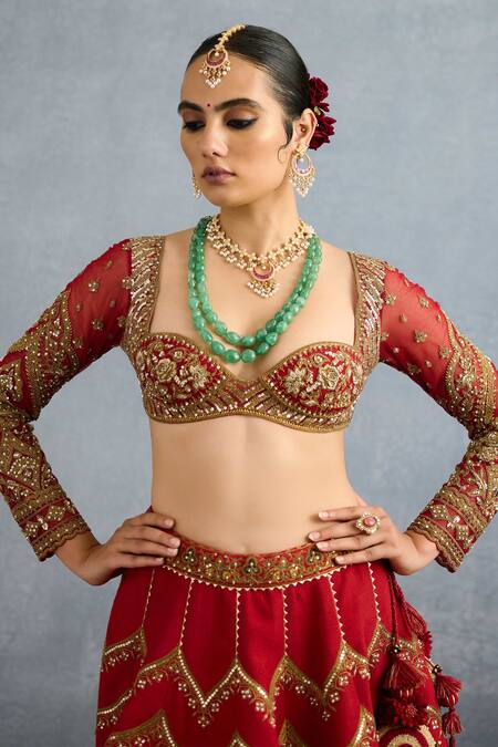 Shop_Torani_Red Organza, Jersey Pearls, Sequins, Zari Shamse Fariha Embroidered Lehenga Set _Online_at_Aza_Fashions