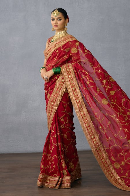 Shop Torani Red Organza, Jersey Zari, Sequins Shamse Ilina Embroidered Saree Online at Aza Fashions Shop_Torani_Red Organza, Jersey Zari, Sequins Shamse Ilina Embroidered Saree _Online_at_Aza_Fashions
