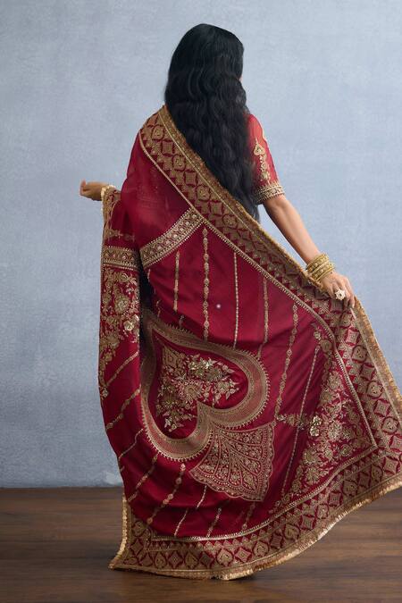 Shop Torani Red Organza, Jersey Sequins, Zari Shamse Mariam Embroidered Saree at Aza Fashions Shop_Torani_Red Organza, Jersey Sequins, Zari Shamse Mariam Embroidered Saree _at_Aza_Fashions