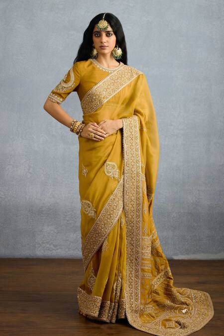 Torani Yellow Organza, Silk Zari, Sequins Mehre Iman Embroidered Saree Online at Aza Fashions Torani_Yellow Organza, Silk Zari, Sequins Mehre Iman Embroidered Saree _Online_at_Aza_Fashions