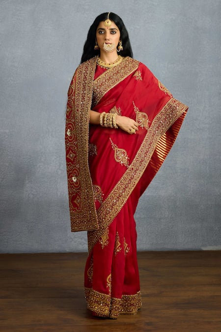 Torani Red Organza, Jersey Sequins, Zari Shamse Iman Embroidered Saree Online at Aza Fashions Torani_Red Organza, Jersey Sequins, Zari Shamse Iman Embroidered Saree _Online_at_Aza_Fashions