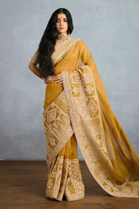 Torani Yellow Organza Embroidered Zardosi Mehre Heba Saree 