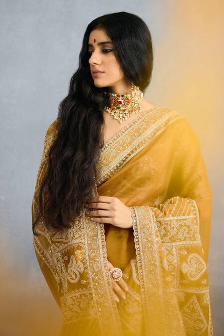 Buy_Torani_Yellow Organza, Jersey Zari, Sequins Mehre Heba Embroidered Saree_Online_at_Aza_Fashions