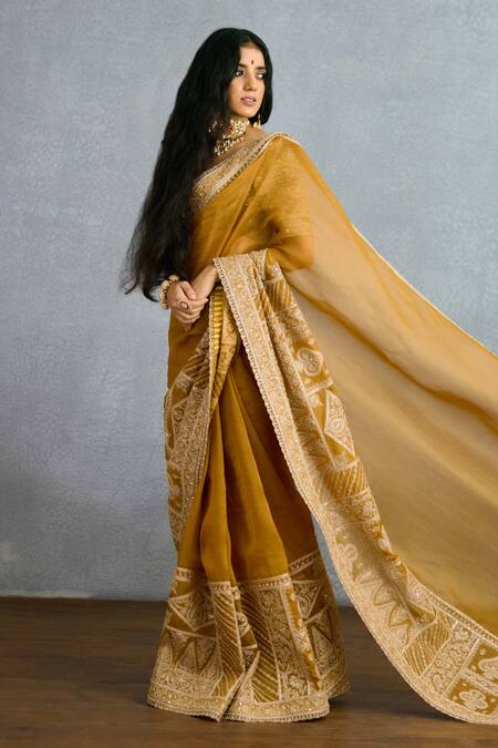 Shop_Torani_Yellow Organza, Jersey Zari, Sequins Mehre Heba Embroidered Saree_Online_at_Aza_Fashions