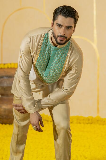 Buy_Runit Gupta_Cream Chanderi Silk Embroidered Patchwork Yoke Kurta And Pant Set _Online_at_Aza_Fashions