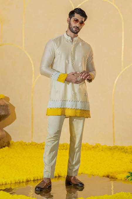 Runit Gupta Yellow Chanderi Silk Embroidered Bead Pearl Embellished Kurta And Pant Set 