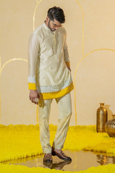 Shop Runit Gupta Yellow Chanderi Silk Embroidered Bead Pearl Embellished Kurta And Pant Set at Aza Fashions Shop_Runit Gupta_Yellow Chanderi Silk Embroidered Bead Pearl Embellished Kurta And Pant Set _at_Aza_Fashions