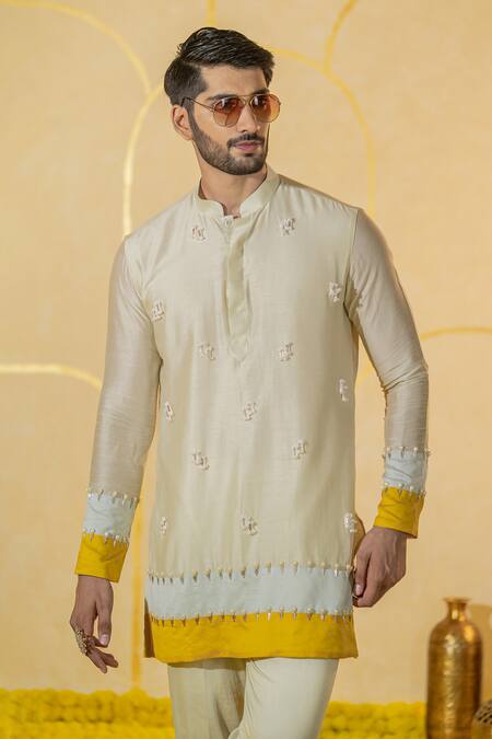Buy Runit Gupta Yellow Chanderi Silk Embroidered Bead Pearl Embellished Kurta And Pant Set Online at Aza Fashions Buy_Runit Gupta_Yellow Chanderi Silk Embroidered Bead Pearl Embellished Kurta And Pant Set _Online_at_Aza_Fashions