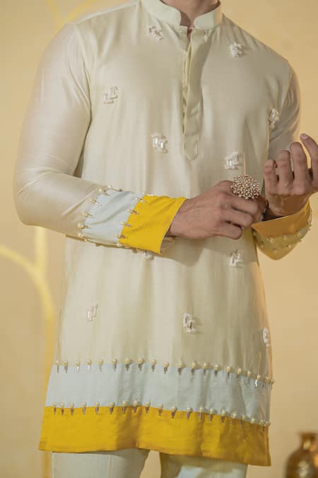Shop Runit Gupta Yellow Chanderi Silk Embroidered Bead Pearl Embellished Kurta And Pant Set Online at Aza Fashions Shop_Runit Gupta_Yellow Chanderi Silk Embroidered Bead Pearl Embellished Kurta And Pant Set _Online_at_Aza_Fashions