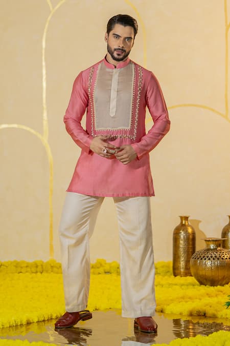 Runit Gupta Pink Chanderi Silk Embroidered Pearl Patchwork Kurta And Pant Set 