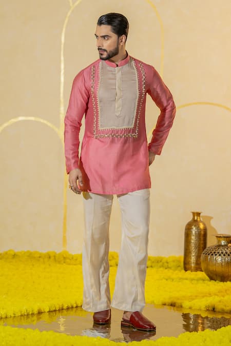 Shop Runit Gupta Pink Chanderi Silk, Velvet Pearls, Beads Patchwork Embroidered Kurta And Pant Set at Aza Fashions Shop_Runit Gupta_Pink Chanderi Silk, Velvet Pearls, Beads Patchwork Embroidered Kurta And Pant Set _at_Aza_Fashions