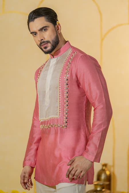 Runit Gupta Pink Chanderi Silk, Velvet Pearls, Beads Patchwork Embroidered Kurta And Pant Set Online at Aza Fashions Runit Gupta_Pink Chanderi Silk, Velvet Pearls, Beads Patchwork Embroidered Kurta And Pant Set _Online_at_Aza_Fashions