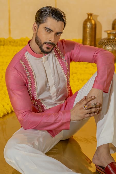 Shop Runit Gupta Pink Chanderi Silk, Velvet Pearls, Beads Patchwork Embroidered Kurta And Pant Set Online at Aza Fashions Shop_Runit Gupta_Pink Chanderi Silk, Velvet Pearls, Beads Patchwork Embroidered Kurta And Pant Set _Online_at_Aza_Fashions