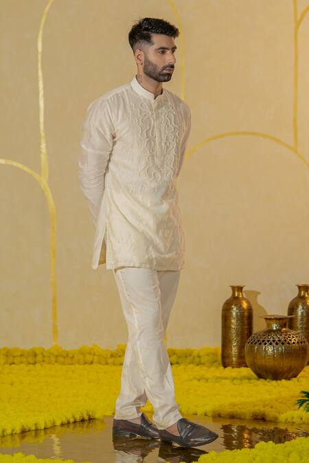 Runit Gupta_Ivory Chanderi Silk, Velvet Pearls Embellished Short Kurta And Pant Set _Online_at_Aza_Fashions