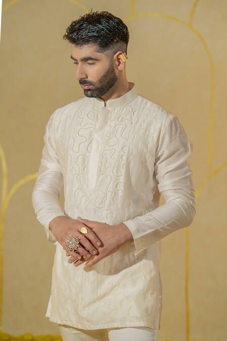 Buy_Runit Gupta_Ivory Chanderi Silk, Velvet Pearls Embellished Short Kurta And Pant Set _Online_at_Aza_Fashions