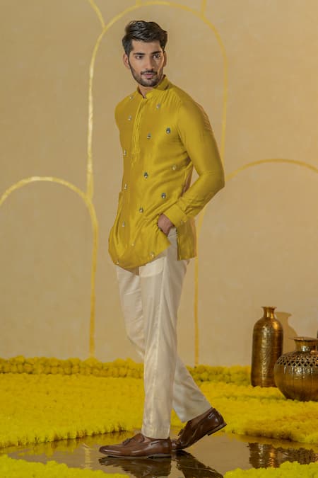 Runit Gupta Yellow Chanderi Silk Embroidered Hamsa Motif Kurta And Pant Set 