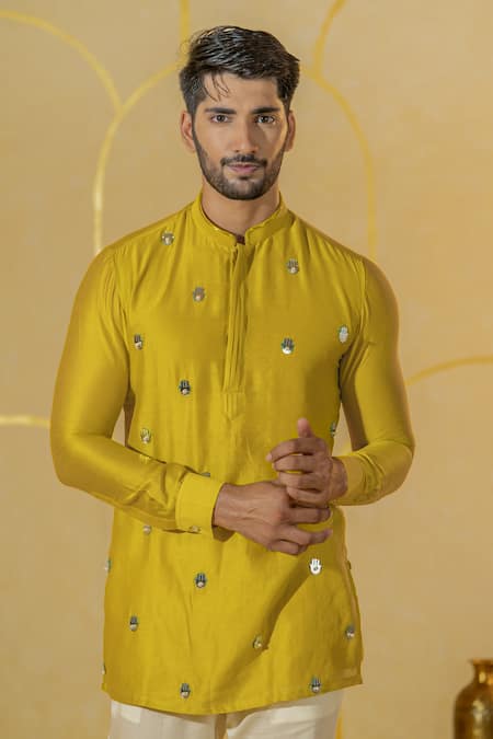 Shop Runit Gupta Yellow Chanderi Silk Embroidered Hamsa Motif Kurta And Pant Set at Aza Fashions Shop_Runit Gupta_Yellow Chanderi Silk Embroidered Hamsa Motif Kurta And Pant Set _at_Aza_Fashions