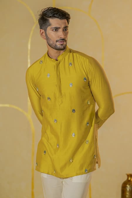 Runit Gupta Yellow Chanderi Silk Embroidered Hamsa Motif Kurta And Pant Set Online at Aza Fashions Runit Gupta_Yellow Chanderi Silk Embroidered Hamsa Motif Kurta And Pant Set _Online_at_Aza_Fashions