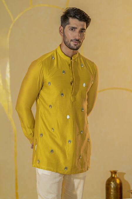 Buy Runit Gupta Yellow Chanderi Silk Embroidered Hamsa Motif Kurta And Pant Set Online at Aza Fashions Buy_Runit Gupta_Yellow Chanderi Silk Embroidered Hamsa Motif Kurta And Pant Set _Online_at_Aza_Fashions
