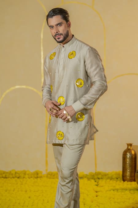 Runit Gupta Green Chanderi Silk Embroidered Lotus Applique Kurta And Pant Set Online at Aza Fashions Runit Gupta_Green Chanderi Silk Embroidered Lotus Applique Kurta And Pant Set _Online_at_Aza_Fashions