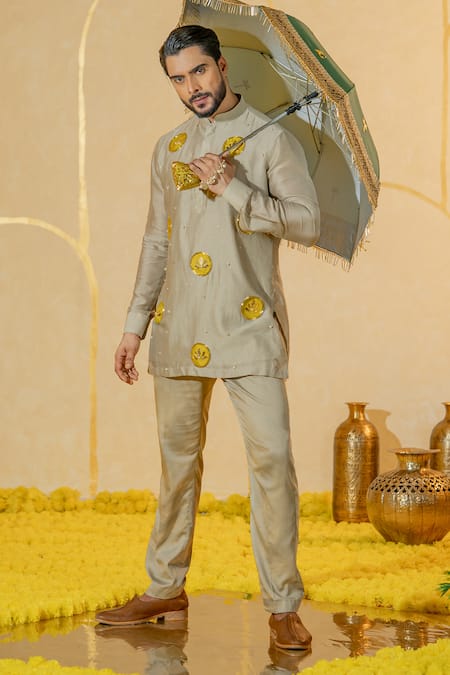 Buy Runit Gupta Green Chanderi Silk Embroidered Lotus Applique Kurta And Pant Set Online at Aza Fashions Buy_Runit Gupta_Green Chanderi Silk Embroidered Lotus Applique Kurta And Pant Set _Online_at_Aza_Fashions