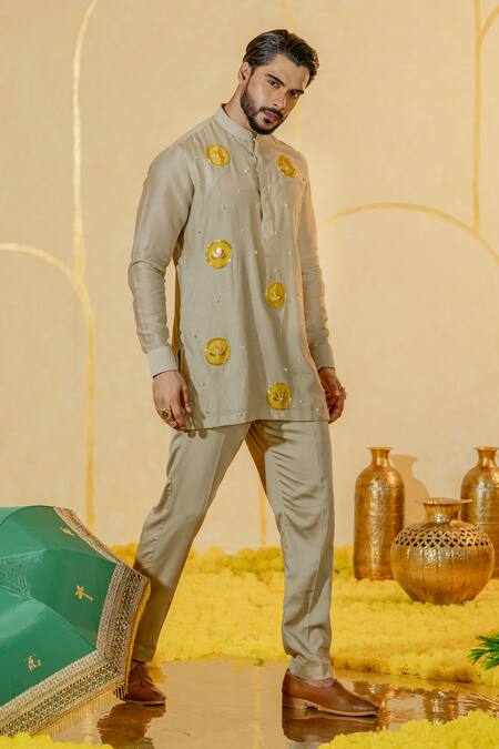 Shop Runit Gupta Green Chanderi Silk Embroidered Lotus Applique Kurta And Pant Set Online at Aza Fashions Shop_Runit Gupta_Green Chanderi Silk Embroidered Lotus Applique Kurta And Pant Set _Online_at_Aza_Fashions