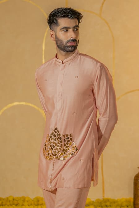 Shop Runit Gupta Pink Chanderi Silk Embroidered Lotus Mosaic Kurta And Pant Set at Aza Fashions Shop_Runit Gupta_Pink Chanderi Silk Embroidered Lotus Mosaic Kurta And Pant Set _at_Aza_Fashions