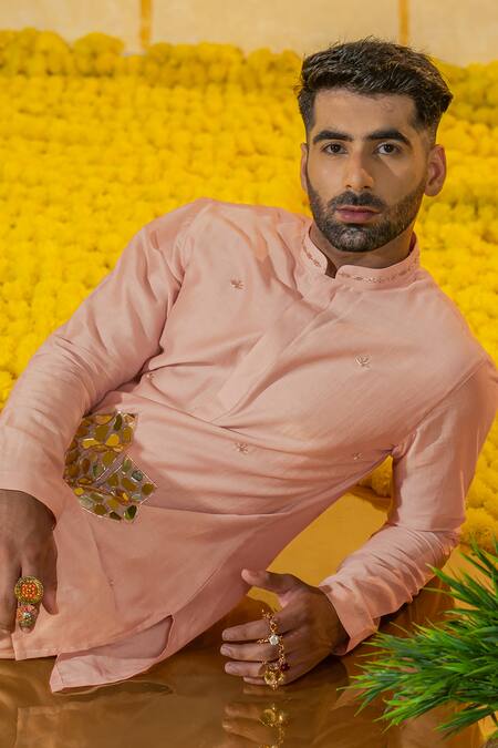 Runit Gupta Pink Chanderi Silk Embroidered Lotus Mosaic Kurta And Pant Set Online at Aza Fashions Runit Gupta_Pink Chanderi Silk Embroidered Lotus Mosaic Kurta And Pant Set _Online_at_Aza_Fashions