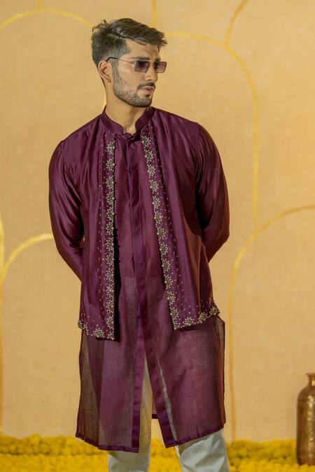 Runit Gupta_Purple Chanderi Silk Embroidered Cut Cutdana And Pearl Jacket Kurta & Pant Set _Online_at_Aza_Fashions