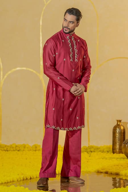 Shop Runit Gupta Pink Chanderi Silk Embroidered Cut Pipe And Pearl Kurta Set at Aza Fashions Shop_Runit Gupta_Pink Chanderi Silk Embroidered Cut Pipe And Pearl Kurta Set _at_Aza_Fashions