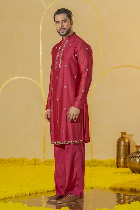 Runit Gupta Pink Chanderi Silk Embroidered Cut Pipe And Pearl Kurta Set Online at Aza Fashions Runit Gupta_Pink Chanderi Silk Embroidered Cut Pipe And Pearl Kurta Set _Online_at_Aza_Fashions