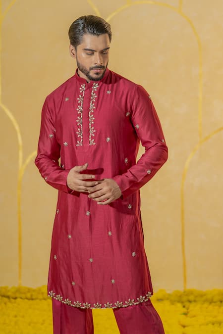 Buy Runit Gupta Pink Chanderi Silk Embroidered Cut Pipe And Pearl Kurta Set Online at Aza Fashions Buy_Runit Gupta_Pink Chanderi Silk Embroidered Cut Pipe And Pearl Kurta Set _Online_at_Aza_Fashions