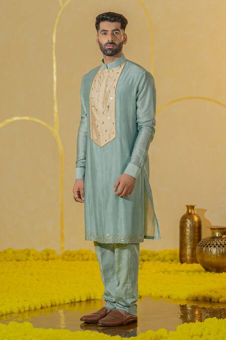 Shop Runit Gupta Blue Chanderi Silk Embroidered Cutpipe Mirror Kurta And Pant Set at Aza Fashions Shop_Runit Gupta_Blue Chanderi Silk Embroidered Cutpipe Mirror Kurta And Pant Set _at_Aza_Fashions