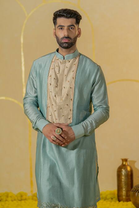 Runit Gupta Blue Chanderi Silk Embroidered Cutpipe Mirror Kurta And Pant Set Online at Aza Fashions Runit Gupta_Blue Chanderi Silk Embroidered Cutpipe Mirror Kurta And Pant Set _Online_at_Aza_Fashions