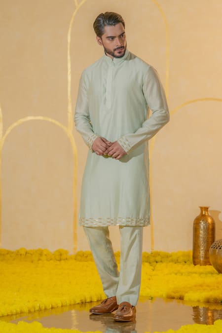 Shop Runit Gupta Blue Chanderi Silk Embroidered Cutpipe And Pearl Hem Kurta Set at Aza Fashions Shop_Runit Gupta_Blue Chanderi Silk Embroidered Cutpipe And Pearl Hem Kurta Set _at_Aza_Fashions