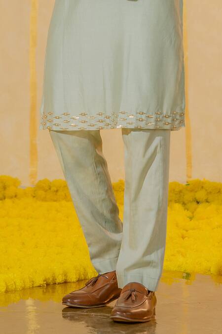 Runit Gupta Blue Chanderi Silk Embroidered Cutpipe And Pearl Hem Kurta Set Online at Aza Fashions Runit Gupta_Blue Chanderi Silk Embroidered Cutpipe And Pearl Hem Kurta Set _Online_at_Aza_Fashions