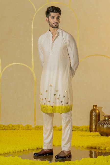 Shop Runit Gupta Ivory Chanderi Silk Embroidered Mirror Lotus Motif Kurta And Pant Set at Aza Fashions Shop_Runit Gupta_Ivory Chanderi Silk Embroidered Mirror Lotus Motif Kurta And Pant Set _at_Aza_Fashions