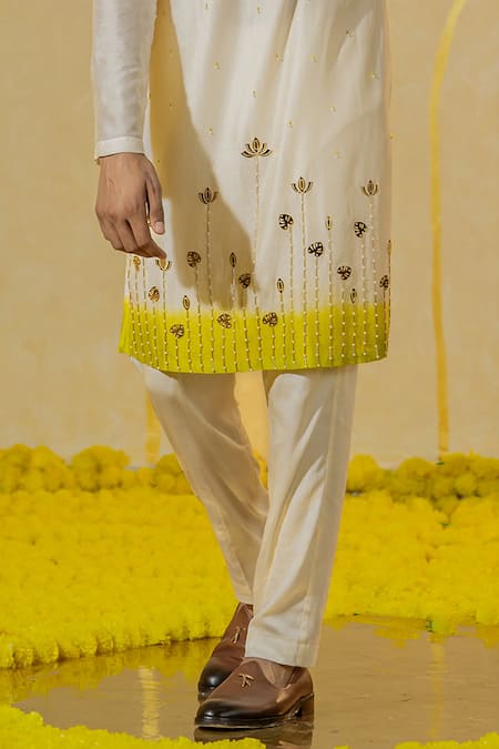 Runit Gupta Ivory Chanderi Silk Embroidered Mirror Lotus Motif Kurta And Pant Set Online at Aza Fashions Runit Gupta_Ivory Chanderi Silk Embroidered Mirror Lotus Motif Kurta And Pant Set _Online_at_Aza_Fashions