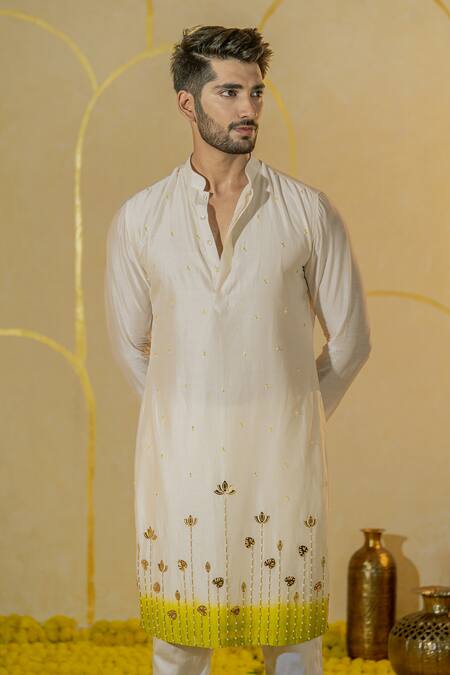 Buy Runit Gupta Ivory Chanderi Silk Embroidered Mirror Lotus Motif Kurta And Pant Set Online at Aza Fashions Buy_Runit Gupta_Ivory Chanderi Silk Embroidered Mirror Lotus Motif Kurta And Pant Set _Online_at_Aza_Fashions
