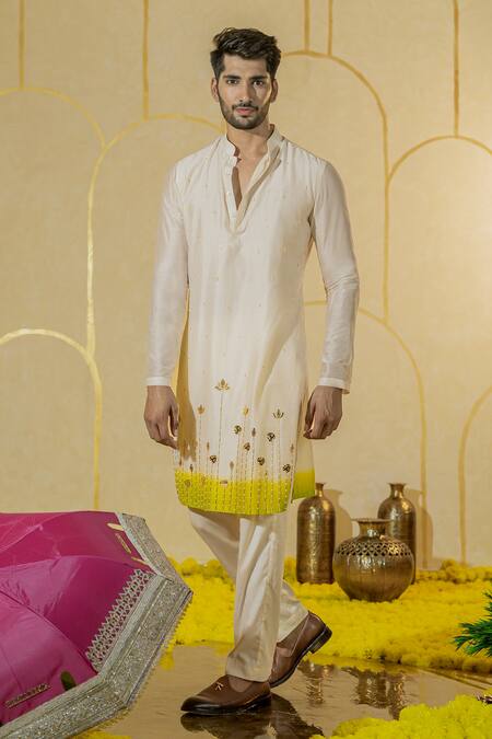 Shop Runit Gupta Ivory Chanderi Silk Embroidered Mirror Lotus Motif Kurta And Pant Set Online at Aza Fashions Shop_Runit Gupta_Ivory Chanderi Silk Embroidered Mirror Lotus Motif Kurta And Pant Set _Online_at_Aza_Fashions