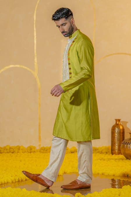 Shop Runit Gupta Green Chanderi Silk Embroidered Acrylic Cutpipe Kurta And Pant Set at Aza Fashions Shop_Runit Gupta_Green Chanderi Silk Embroidered Acrylic Cutpipe Kurta And Pant Set _at_Aza_Fashions