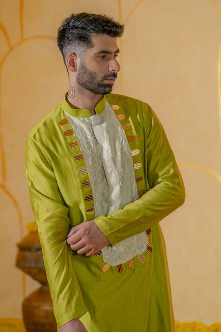 Buy Runit Gupta Green Chanderi Silk Embroidered Acrylic Cutpipe Kurta And Pant Set Online at Aza Fashions Buy_Runit Gupta_Green Chanderi Silk Embroidered Acrylic Cutpipe Kurta And Pant Set _Online_at_Aza_Fashions