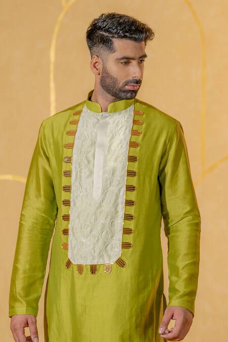 Shop Runit Gupta Green Chanderi Silk Embroidered Acrylic Cutpipe Kurta And Pant Set Online at Aza Fashions Shop_Runit Gupta_Green Chanderi Silk Embroidered Acrylic Cutpipe Kurta And Pant Set _Online_at_Aza_Fashions