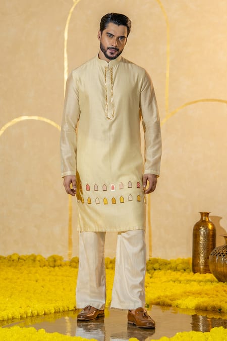 Runit Gupta Yellow Chanderi Silk Embroidered Cutpipe Pearl Kurta Set 