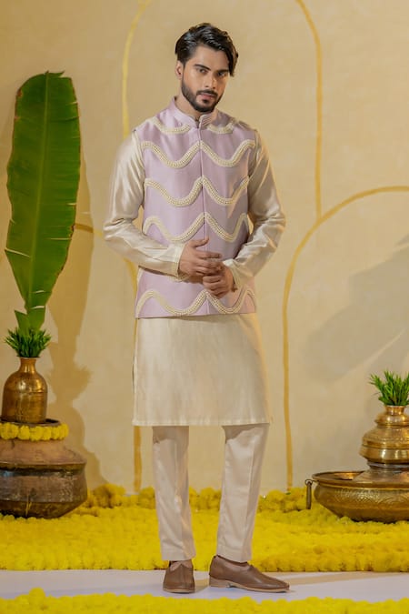Shop_Runit Gupta_Purple Chanderi Silk Embroidered Pearl Lilac Bundi _at_Aza_Fashions